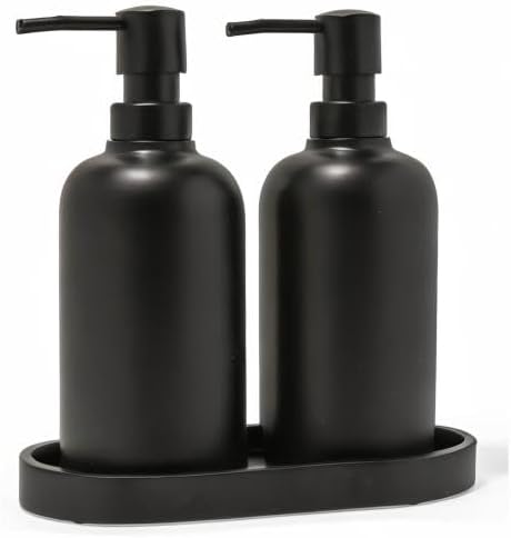 Matte Black Round Soap Dispenser Set with Tray for Kitchen, Countertop & Bathroom – 2 Pack 15 oz Refillable Resin Pump Bottle for Dish Soap, Hand Soap, Shampoo, Conditioner – Non-Slip Protective Pads