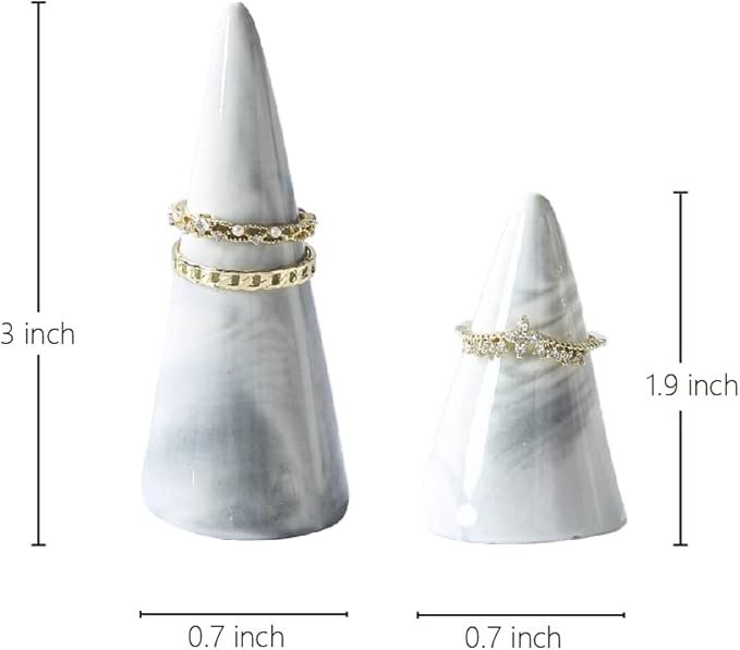oskas Marble Ring Holder Tower Ceramic Cone Shape Modern Decorative Display Stand for Jewelry Ring/Wedding Ring 2PCS SET Grey