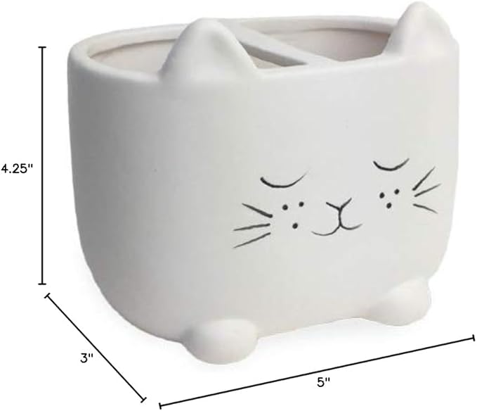 Isaac Jacobs White Ceramic Cat Makeup Brush Holder, Multi-Purpose 2-Section Organizer. Bathroom, Kitchen, Bedroom, Office DΓ©cor (2-Section Cup, Pastel White)