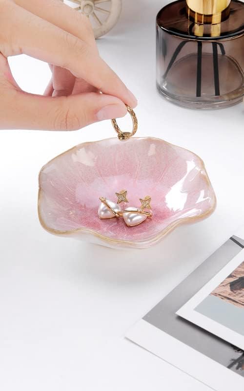 2PCS Lotus Leaf Shape Ring Holder Dish, Small Key Bowl, Ceramic Trinket Tray Jewelry Dish Organizing Necklace Earrings for Mom Friend Sister, All Jewelries Are NOT Included.Pink+Light Green.â¦