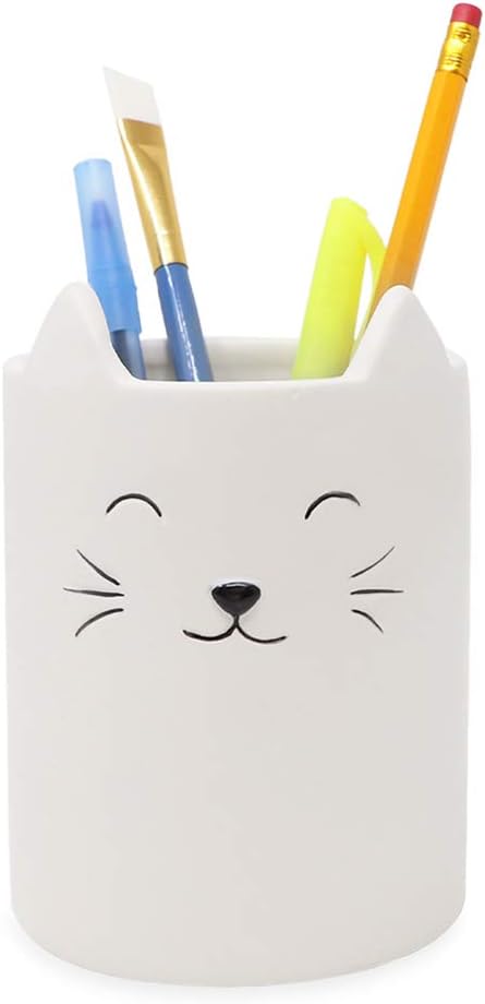 Isaac Jacobs White Ceramic Cat Makeup Brush Holder, Multi-Purpose Cup Organizer. Bathroom, Kitchen, Bedroom, Office DΓ©cor (Single Cup, Pastel White)