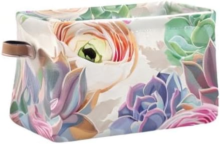 susiyo Large Foldable Storage Bin Succulent Flowers Cactus Fabric Storage Baskets Collapsible Decorative Baskets Organizing Basket Bin with PU Handles for Shelves Home Closet Bedroom Living Room-2Pack