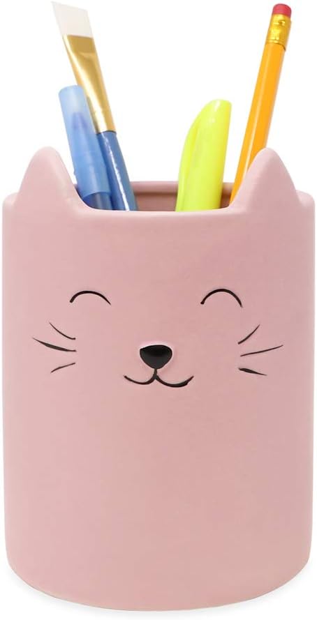 Isaac Jacobs Pink Ceramic Cat Makeup Brush Holder, Multi-Purpose Cup Organizer. Bathroom, Kitchen, Bedroom, Office DΓ©cor (Single Cup, Pastel Pink)