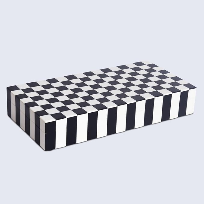 Handicrafts Home Large Decorative Storage Box with Lid – Black and White Coffee Table Storage Box, Remote Control Holder, Keepsake Storage Box for Living Room & Shelf Decor – Puzzle Check 12 x 6 x 2