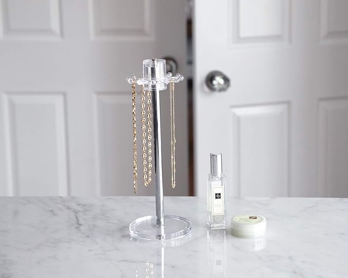 Isaac Jacobs Clear Acrylic Necklace Holder (12 Rotating Hooks) â Hanging Chain Organizer, Sleek & Sturdy Stand for Jewelry â Storage Solution- Bedroom- Bathroom - Countertop - Nightstand