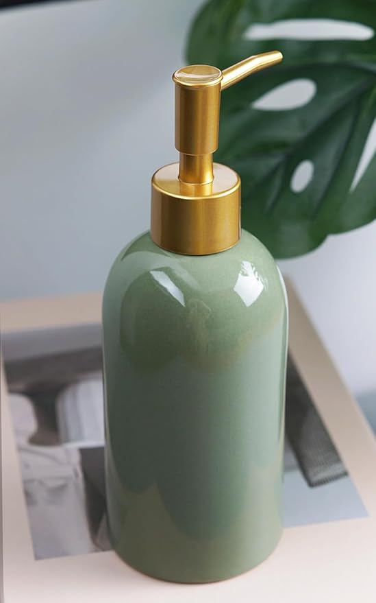 2Pack Ceramic Soap Dispenser Green with Gold Pump,Modern Design Cylindrical Lotion Dispenser Bottle,Refillable Liquid Hand Soap Dispenser for Kitchen,Bathroom,Washroom