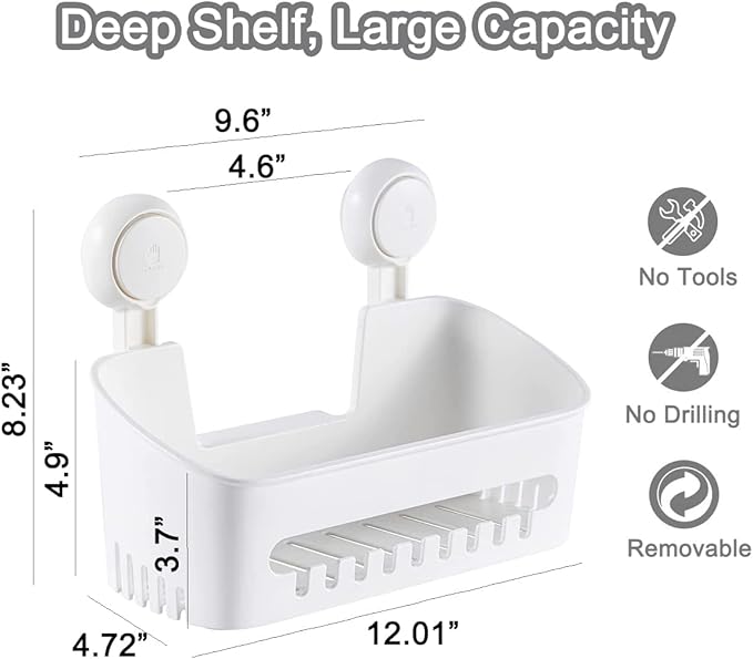 Double Plastic Shower Caddy Suction Cup Shower Organizer Basket Bath Shelf, Strong Suction Power Bathroom Caddies with Fence Hooks, Kitchen Rack, Waterproof, Reusable, for Shampoo, Gel