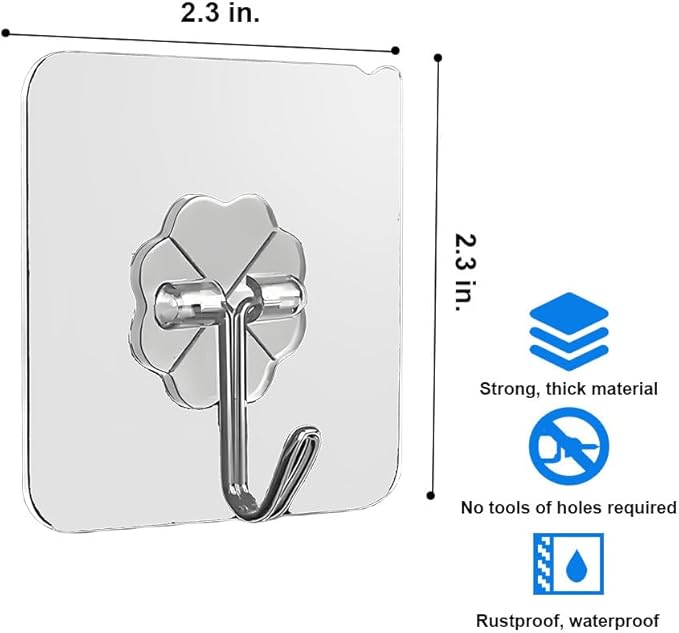 Koja 12 Pack Heavy-Duty Self-Adhesive Hooks - Transparent, Waterproof, Stick-on Wall Hooks for Keys, Bathroom, Shower, Outdoor, Kitchen, Door, Home Improvement, Utility Room.
