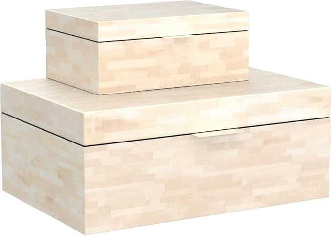 Deco 79 Mother of Pearl Shell Handmade Decorative Box Decorative Keepsake Boxes with Linear Mosaic Pattern and Hinged Lid, Set of 2 Storage Boxes 12", 8"W, White