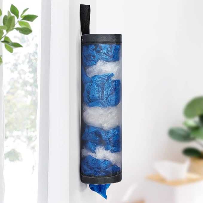 Bag Holder for Plastic Bags, 2 Pcs Polyester Grocery Bag Holder Plastic Dispenser Foldable Breathable Washable Hanging Mesh Garbage Bag Organizer for Kitchen Plastic Bag Storage (Gray)