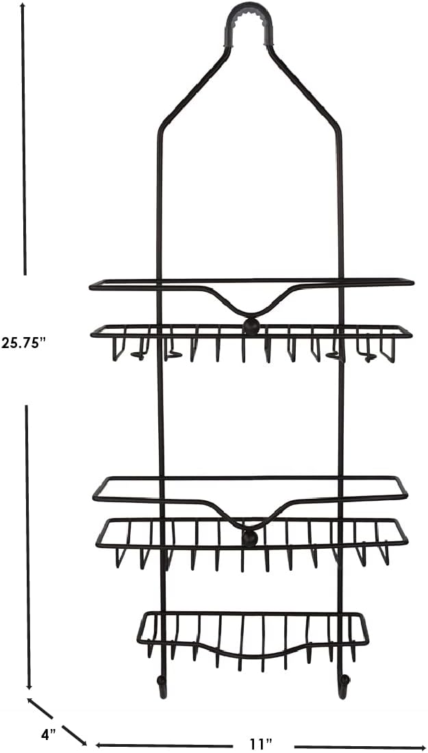 Home Basics Classic 2 Shelf Shower Caddy with Bottom Hooks and Center Soap Dish Tray, Bronze, Black