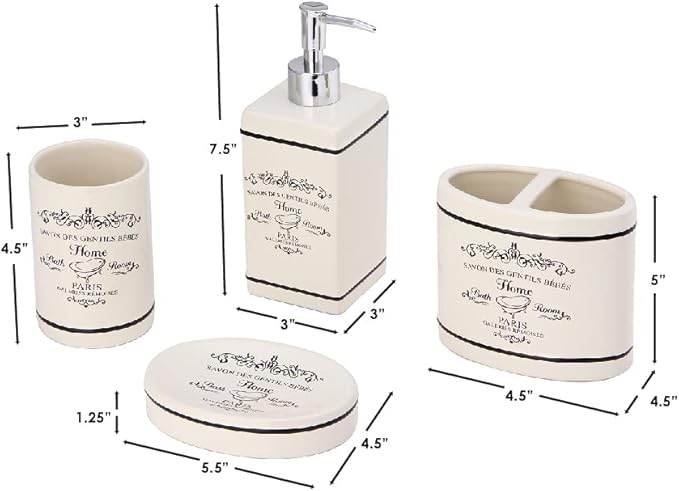 Home Basics Paris Collection 4 Piece Bathroom Accessories Set Featuring a Soap Dispenser, Toothbrush Holder, Tumbler, and Soap Dish