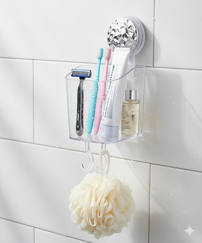 HOME&I Suction Cup Toothbrush Holder and Shower Caddy – Drill-Free, Removable, Powerful Suction Cup, Self-Draining Design for Bathroom & Kitchen – Holds Toothpaste, Razors, and Tableware