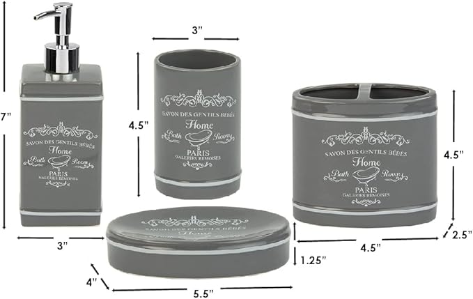 Paris Design 4-Piece Ceramic Bathroom Set, By Home Basics (Grey) | Chic Design Bathroom Accessory Sets | Accessories For Bathroom | Includes Soap Dish, Tumbler, Toothbrush Holder, and Lotion Dispenser