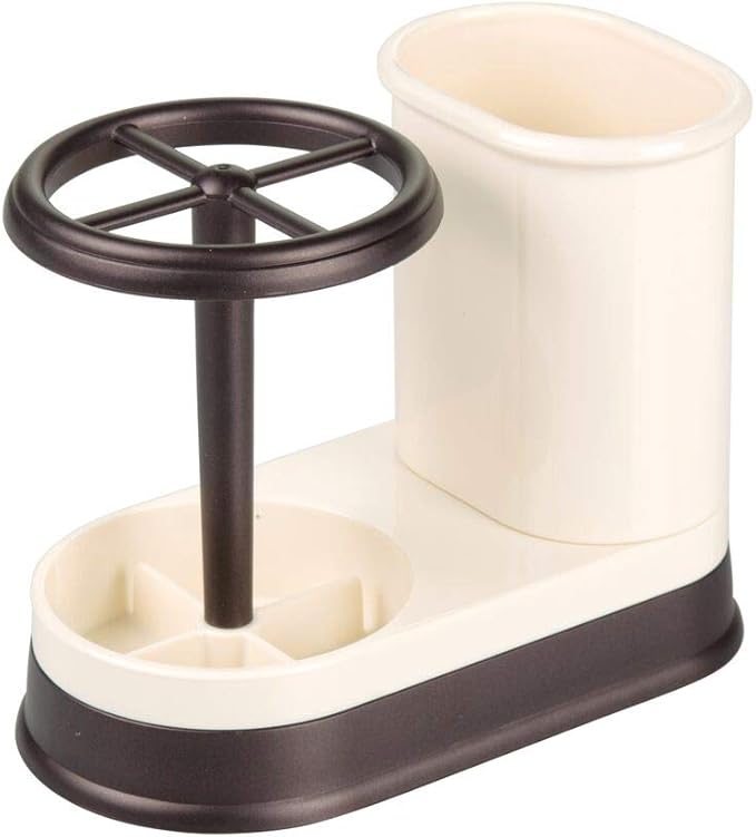 mDesign Decorative Bathroom Dental Storage Organizer Holder Stand for Electric Spin Toothbrush/Toothpaste - Compact Design for Countertop and Vanity, Holds 4 Standard Brushes - Vanilla/Bronze