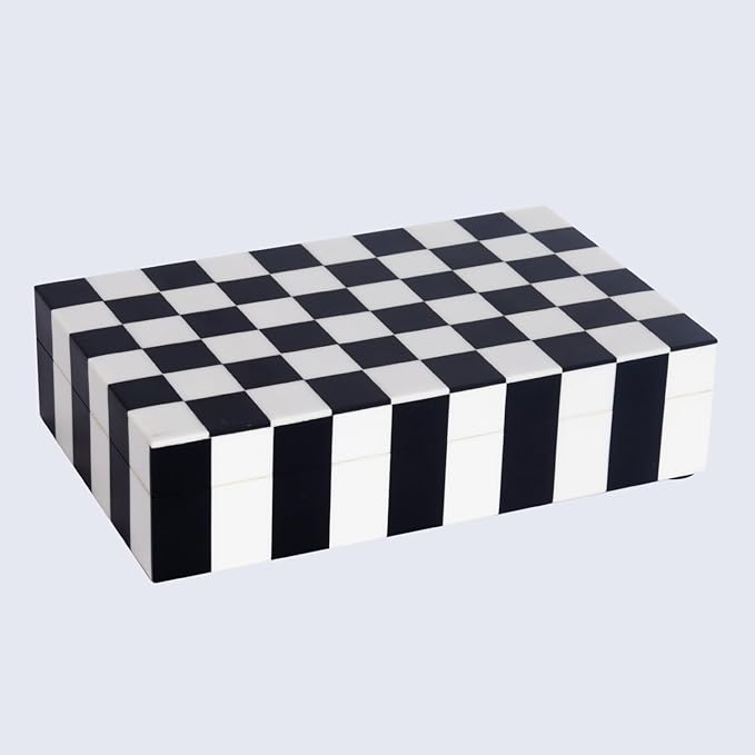 Handicrafts Home Small Decorative Storage Box with Lid – Black and White Keepsake Box, Decorative Trinket Box for Jewelry, Desk Organizer, Coffee Table & Shelf Decor – Puzzle Check 8 x 5 x 2
