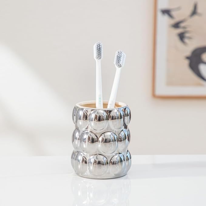 Anding Bathroom Accessory Sets, Includes Lotion Dispenser Toothbrush Holder, Cup and Soap Dish Ceramic Abstract Home Decor Shelf, Silver, (A635 Silver Set)