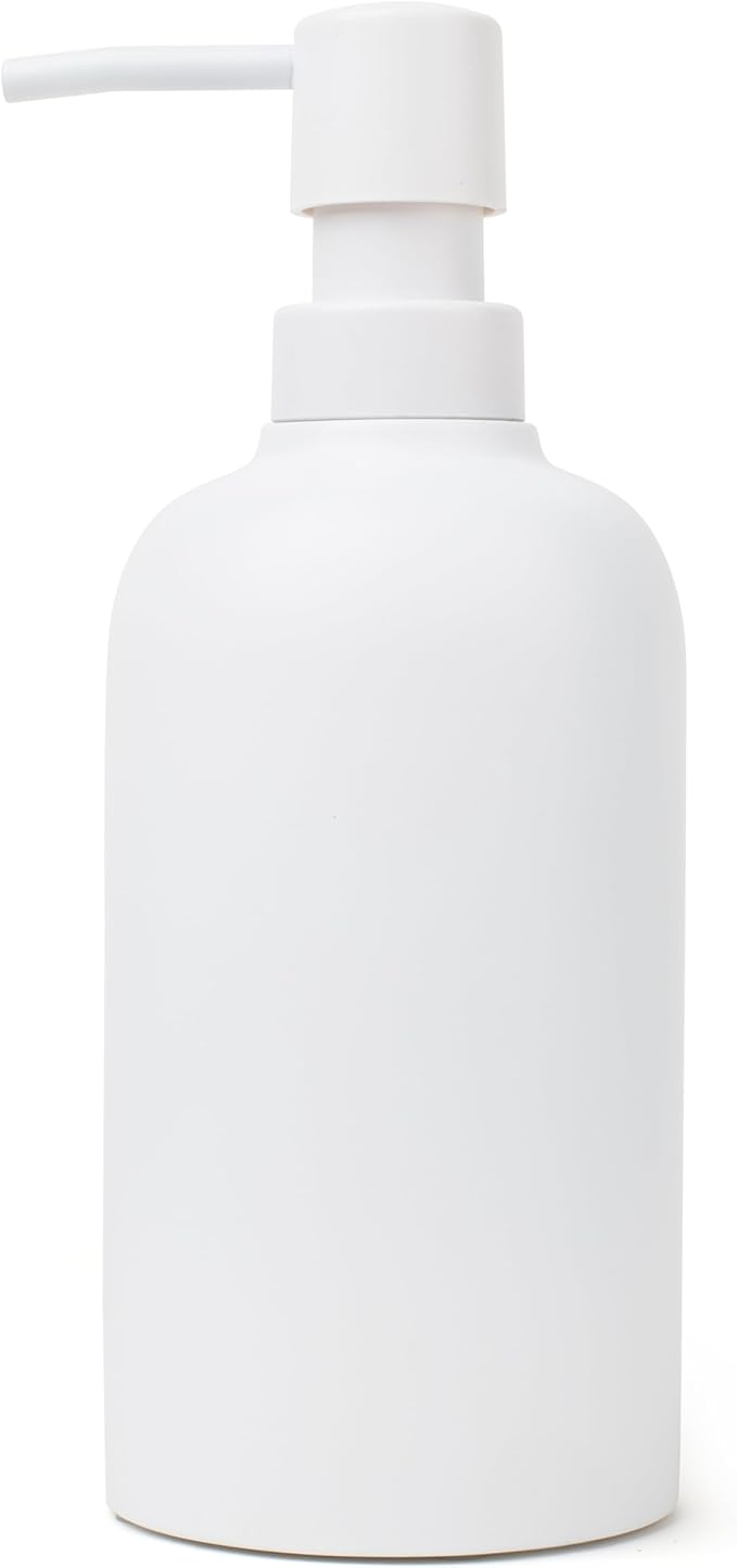 Matte White Round Soap Dispenser for Kitchen & Bathroom – 15 oz Refillable Resin Pump Bottle for Dish Soap, Hand Soap, Shampoo, Conditioner – Modern Countertop Dispenser with Non-Slip Protective Pads