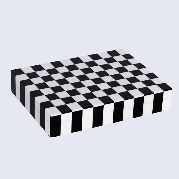Handicrafts Home Decorative Storage Box with Lid – Black and White Decorative Box for Remote Controls, Slim Coffee Table Storage Box for Shelf, Desk & Living Room Decor – Puzzle Check 8 x 6 x 1.5