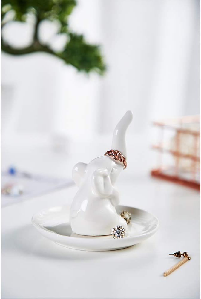 HOME SMILE Elephant Ring Dish Holder for Jewelry,Elephant Gifts for Women Chritsmas,Engagement Wedding Trinket Trays,Ceramic White