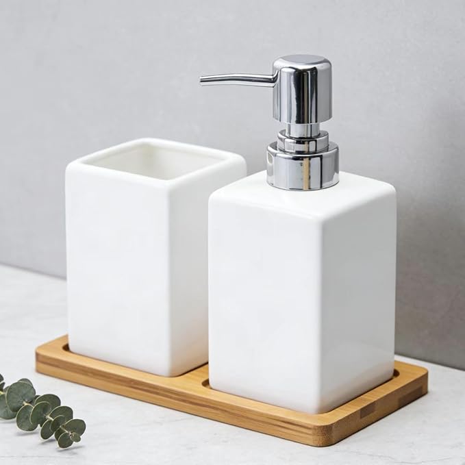 White Soap Dispenser and Toothbrush Holder with Tray,Ceramic Bathroom Accessories Set Modern Square Countertop Bath Set,Liquid Soap Dispenser,Tumbler Cup,Wooden Vanity Tray