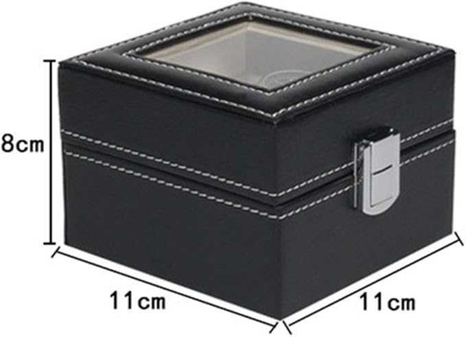 Teensery Watch Box 2 Slots Black Leather Watches Storage Case Glass Top Watch Case Organizer Jewelry Display Case for Men and Women