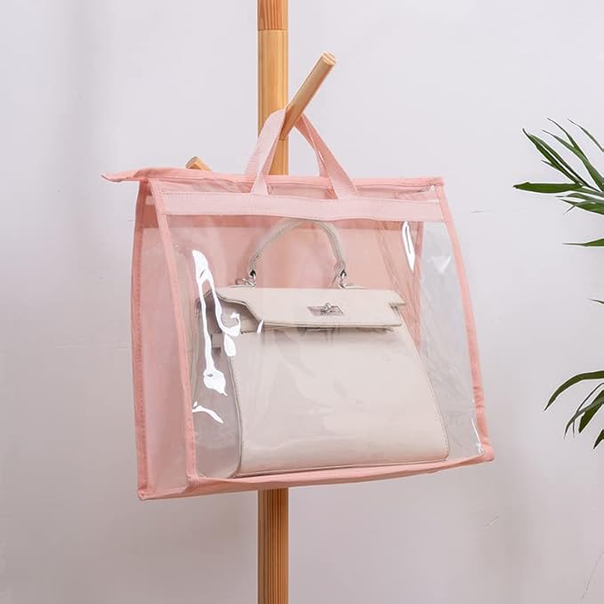 CINPIUK Handbag Dust Bags Clear Purse Storage Organizer for Closet Small to Extra Large Handbags Dust Free Bags Hanging Zipper Storage Bag with Hooks, (Pink, 4 Sizes-8PCS)