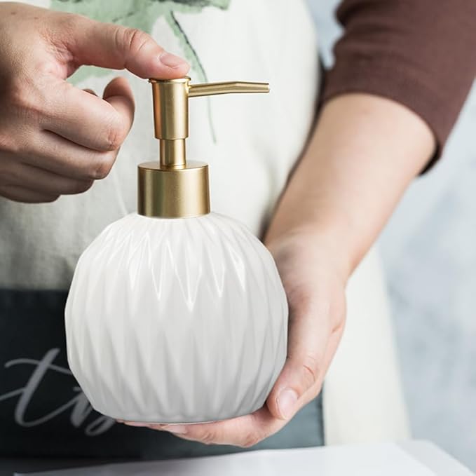Ceramic Soap Dispenser White with Gold Pump,Modern Design Cylindrical Lotion Dispenser Bottle,Refillable Liquid Hand Soap Dispenser for Kitchen,Bathroom,Washroom