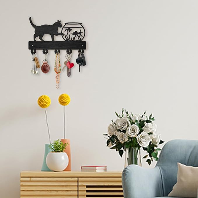 MAYJOYDIY Cat Fish Tank Coat Rack Wall Mount Wood Cat Pet Animal Key Holder for Wall 11.8×7.6inch Cat Goldfish Key Rack 5 Alloy Hooks Wall Hanger Decorative Key Holder for Gift Home Entryway Art Decor