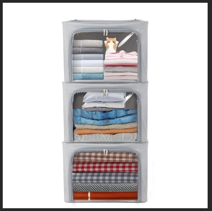 Stackable Clothes Storage Box for Clothing Gadgets,Steel Frame Storage Bins for Toys Gift,Foldable Oxford Fabric Closet Organizer Bag Set with Carry Handles Clear Window (Large- 66L x3 Pack, Grey)