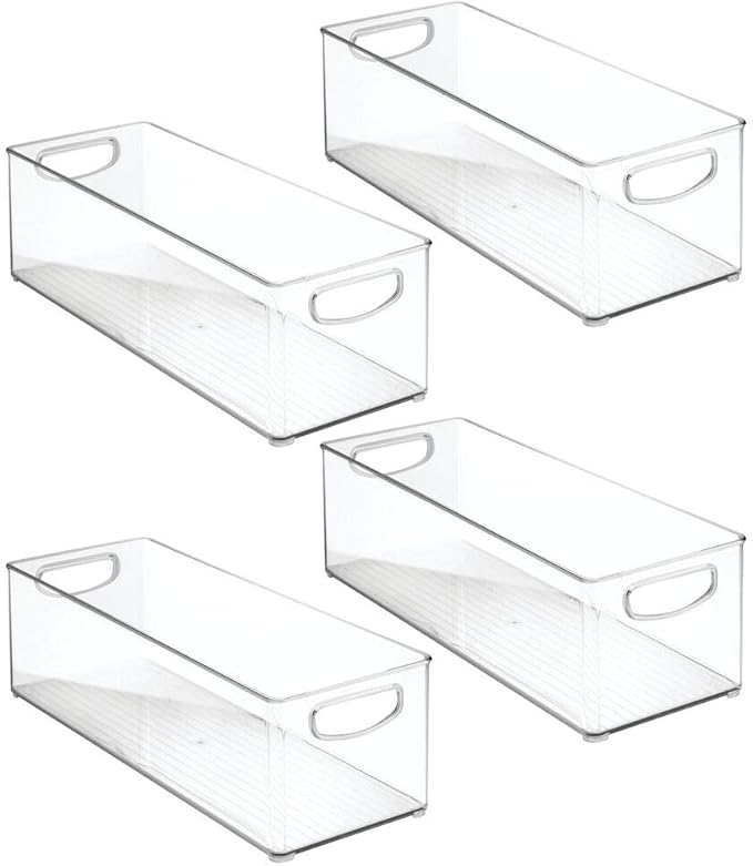 mDesign Plastic Bathroom Storage Container Bins w/ Handles - Closet, Cabinet, Vanity, Cupboard Shelf Organization, Hair Tools Accessory Organizer - Ligne Collection; Clear, 16x6x5 (Pack of 4)
