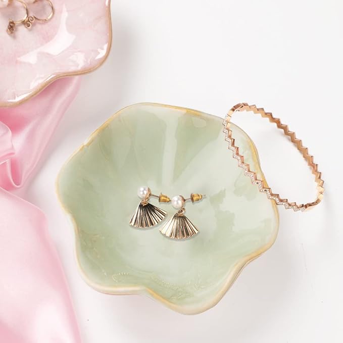 Ceramic jewelry dish,leaf tray key tray,small ring dish holder Plate trinket catchall nightstand decor for entryway table room Green