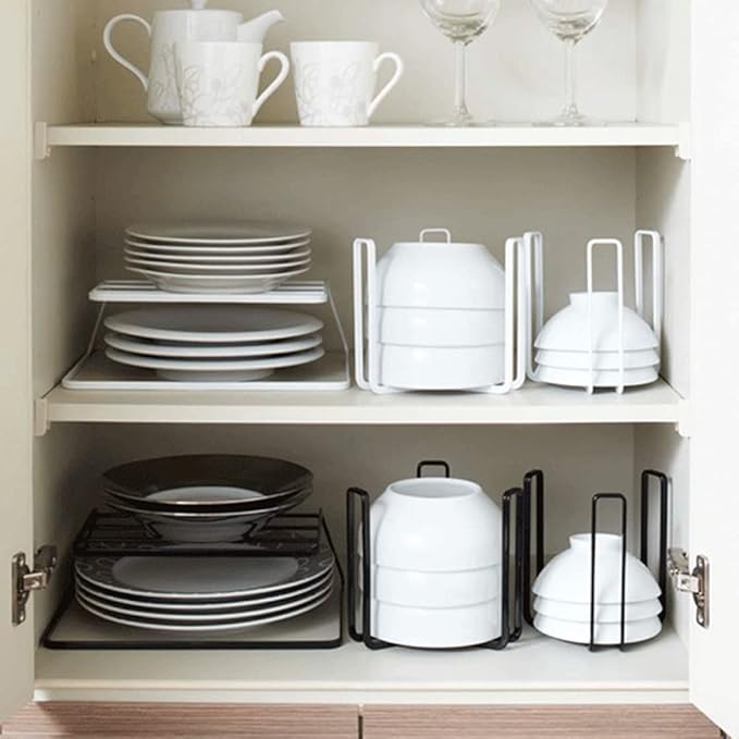 Dinnerware Bowl Plate Holder Fit for 6.5 Inches Diameters Bowl, Metal Bowl Storage Dying Display Rack for Kitchen Drawer, Countertop, Cabinet, Shelf, Cupboard (White, Small 2PCS)