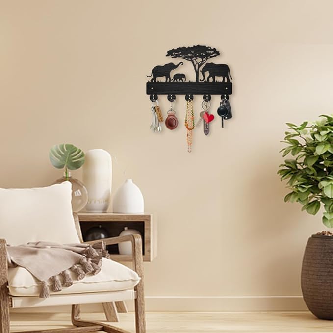 MAYJOYDIY Wooden Key Holder for Wall, Elephant Family Design, 11.8x8 inch, 5 Alloy Hooks, Decorative Wall Mount Organizer
