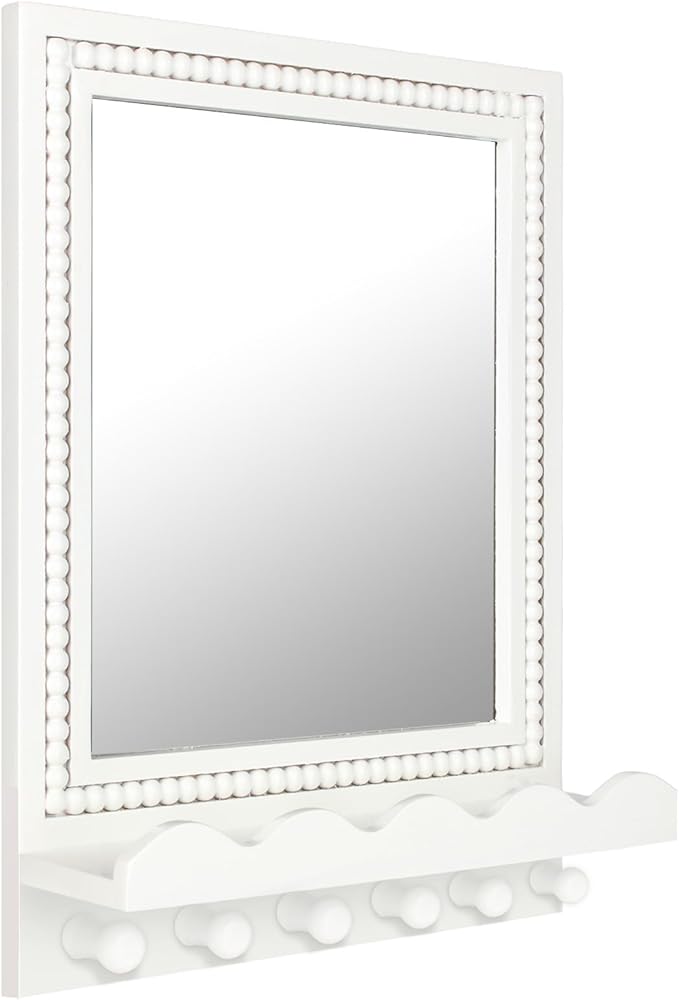 Tirzah 16x12 Inch Wall Mount Beaded Wood Framed Mirror with Shelf and 6 Hooks, White Decorative Entryway Mirror with Storage for Laundry Room, Bathroom, Bedroom