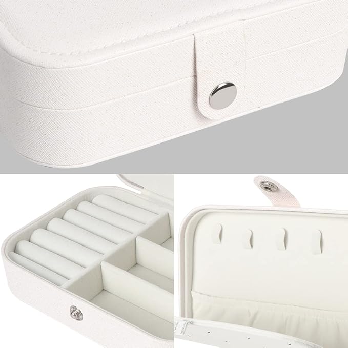 Travel Jewelry Box, Small Jewelry Organizer Boxes for Women Girls, 2 Layer Travel Jewlery Case, PU Leather Mini Portable Jewerly Storage Display Holder for Earrings, Ring, Necklaces, Bracelets - White