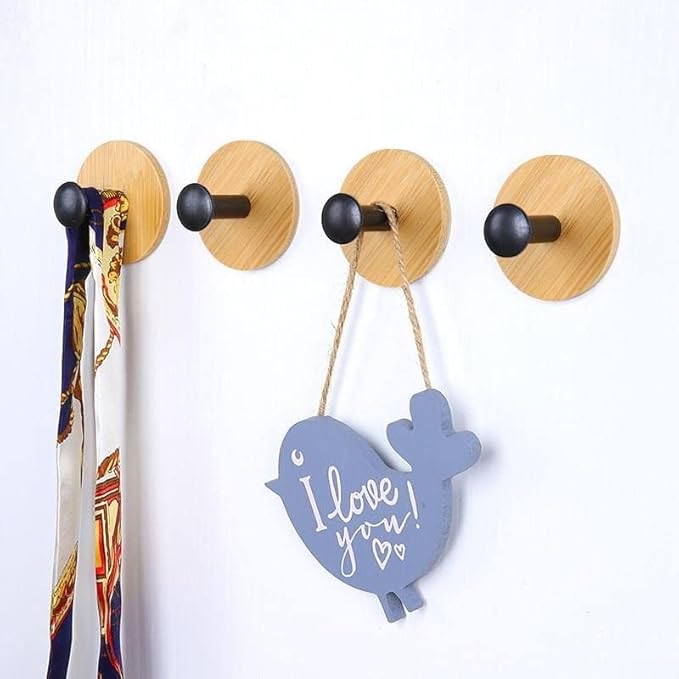 4Pack Decoration Wood Wall Hook Coat Hooks for Hanging Adhesive Waterproof Wall Hook Clothes Bag Key Hanger Hook Bedroom Kitchen Bathroom Door Robe Towel Hooks- Black