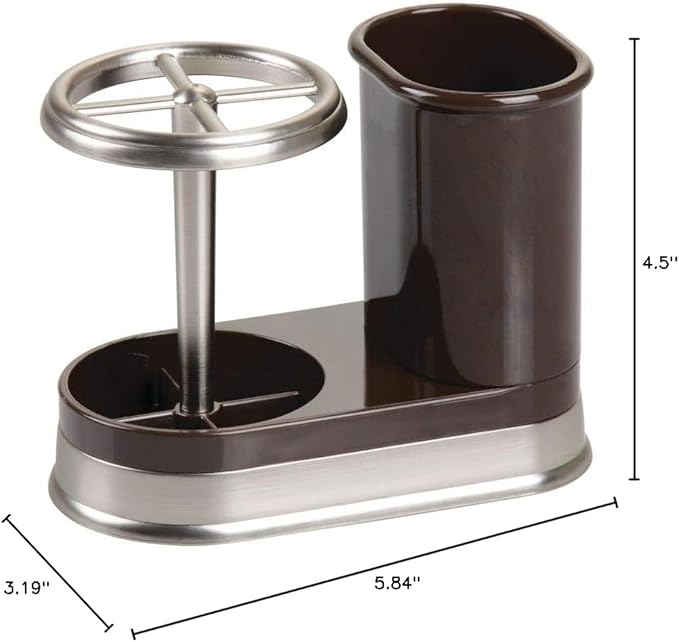 mDesign Decorative Bathroom Dental Storage Organizer Holder Stand for Electric Spin Toothbrush/Toothpaste - Compact Design for Countertop and Vanity, Holds 4 Standard Brushes - Dark Brown/Brushed