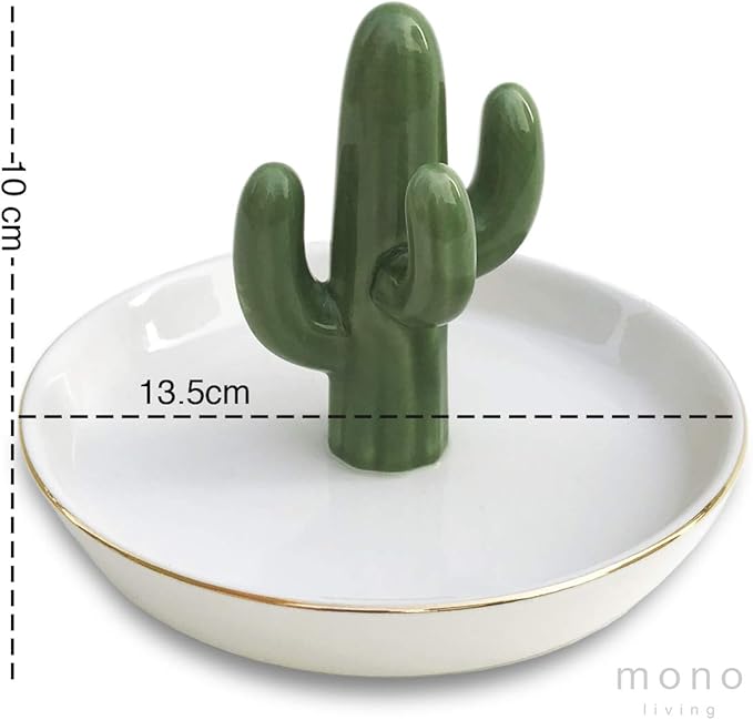 Cactus Jewelry Holder and Ring Dish - Ceramic Succulent Decor for Kitchen Sink or Vanity - Cute Engagement, Birthday, or Motherâs Day Gifts for Women, Gold-Rimmed Trinket Tray
