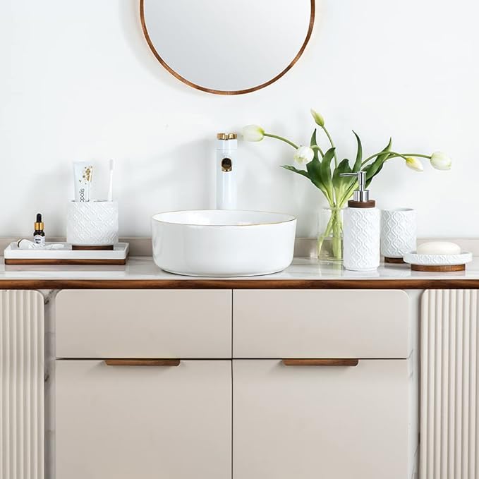 Bathroom Accessories Set 6 Pcs Ceramic Wooden Bathroom Set with Soap Dispenser Toothbrush Holder Tray Tumbler Soap Dish Trash Can(White)