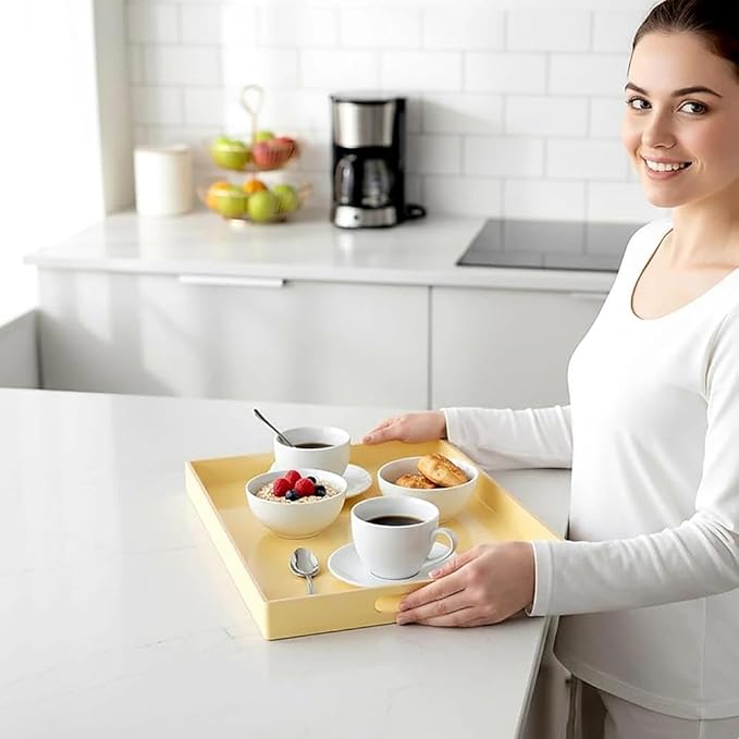 Zosenley Decorative Tray, Rectangular Plastic Tray with Handles, Modern Vanity Tray and Serving Tray for Bathroom, Kitchen, Ottoman and Coffee Table, 15.6â x 10.2â (Light Yellow)