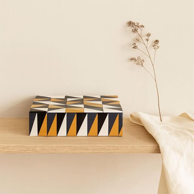 Decorative Storage Box, Handmade Chevron Pattern, Boho Style, Multipurpose Gift Box (black white grey yellow, 8X4X2.5 Inch)