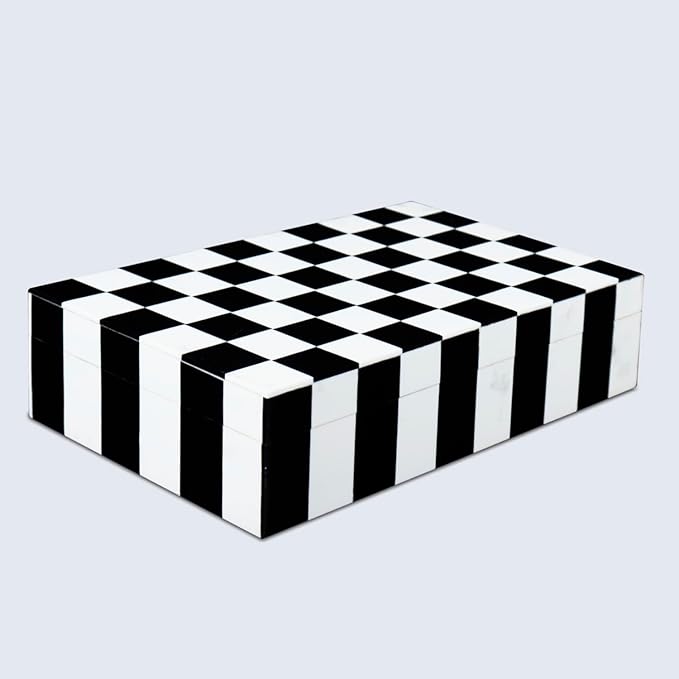 Handicrafts Home Decorative Storage Box with Lid – Black and White Decorative Remote Holder Box, Coffee Table Storage Box for Living Room, Console Table & Shelf Decor – Puzzle Check 10 x 6 x 2.5