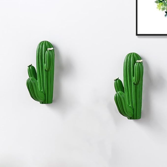 Amosfun 2-Pack Self-Adhesive Cactus Wall Hooks 3.15 X 1.77 X 1.38 Inches Creative Green Plastic Wall-Mounted Storage Hooks for Home Entryway Bathroom Decoration
