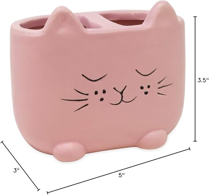 Isaac Jacobs Pink Ceramic Cat Makeup Brush Holder, Multi-Purpose 2-Section Organizer. Bathroom, Kitchen, Bedroom, Office DΓ©cor (2-Section Cup, Pastel Pink)