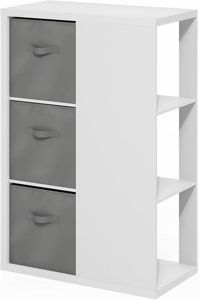 Furinno Viola Book Shelf, 3-Tier Bookshelf, Cube Storage Organizer Bookcase with Open Shelf, with Storage Bins, 13.6 x 29.3 x 43.8, for Living Room, Bedroom, Home Office, White/Light Grey