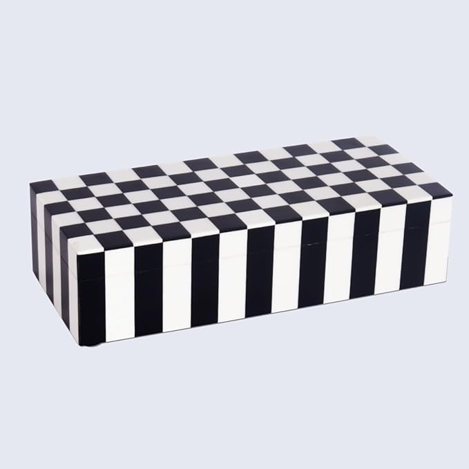 Handicrafts Home Decorative Storage Box with Lid – Black and White Box for Remote Controls, Coffee Table Storage Organizer, Keepsake Decorative Box for Shelf & Hallway Decor – Puzzle Check 10x4.5x2.5