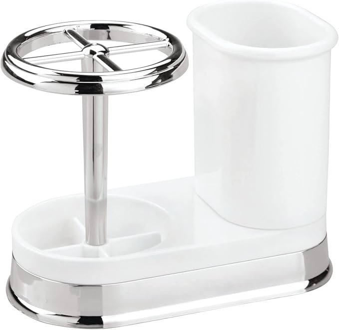 mDesign Decorative Bathroom Dental Storage Organizer Holder Stand for Electric Spin Toothbrush/Toothpaste - Compact Design for Countertop and Vanity, Holds 4 Standard Brushes - White/Chrome
