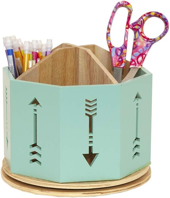 Spinning Desktop Stationary Organizer â Decorative Wooden Rotating Pen and Pencil Cup â 4 Compartment Teal Desk and Table Top Office Supplies Station with Arrow Design - by Designstyles