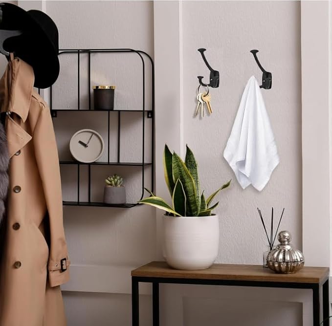 Matte Black Hooks Large Wall Mounted Decorative Solid Heavy-Duty Double-Sided Coat Hooks for Hanging Towels Coats Robes Towels Bag Bathroom Wall Hooks (2 Pack)